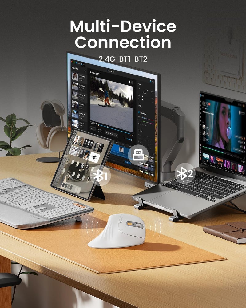 ProtoArc Ergonomic Mouse, EM11 NL Wireless Vertical Mouse, Ergo Mouse with Multi-Device, USB-C Rechargeable Mice for Windows, Mac OS, PC/Notebook/Laptop,White - Image 2